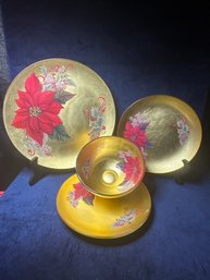 3 Poinsettia Plates And A Bowl