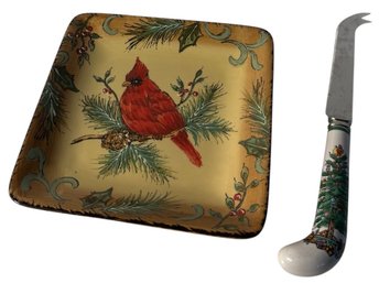 Maxcera Honey Cardinal Serving Plate And Decorative Christmas Tree Design Knife (DR)