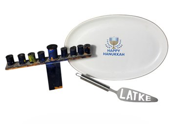 Happy Hanukkah Platter, Menorah & Latke Server (LR)