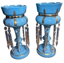Victorian Style Blue Opaline Gilded Glass Mantle Luster Pair (B)