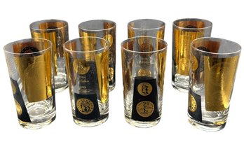 Black & Gold Coin High Ball Drinking Glasses 8pc