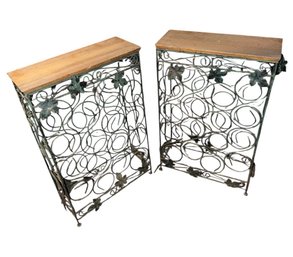 Green Metal Wine Rack Table Pair With Wooden Tops (B)