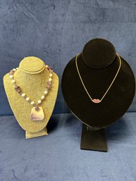 925 Sterling Silver, Gold Plated Mld Chain With Lip Pendant, And A Purple And White Amethyst/beads Necklac