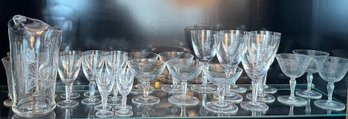 Shelf Full Of Floral Etched Glassware 28pc (LR)
