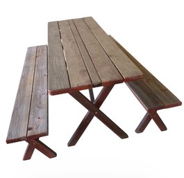 Red Wooden Outdoor Picnic Table & Matching Benches (Y)