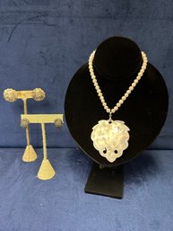 22 Inch Pearl Necklace With Mother Of Pearl Pendant, 2 Pairs Of Sterling Silver Earrings