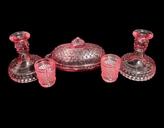 Pink Hobnail Glass Candle Holders, Butter Dish, And Shot Glasses 5pc