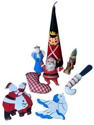 Collection Of Christmas Decor Hand Painted Wooden Figurines, Plush Santa, And More 8pc (B)