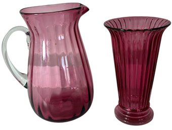 Small Cranberry Glass Blown Pitcher With Small Cranberry Drinking Glass Pair (DR)