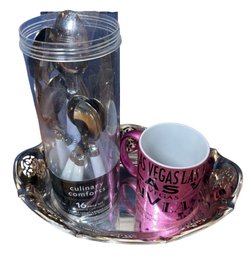Culinary Comfort 14pc Flatware, Oval Scalloped Silver Plate Dish, And Pink Las Vegas Mug (B)