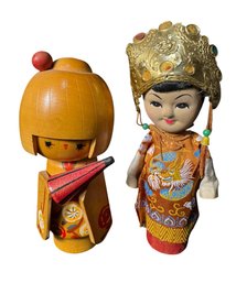 Japanese Kokeshi Wooden & Cloth Doll Pair