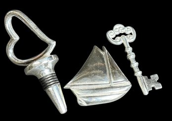 Mariposa Heart Wine Stopper & Metal Ship And Key Figurines 3pc