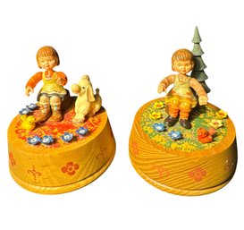 Anri Italian Music Box Pair Girl With Dog & Birds