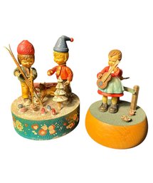 Anri Italian Music Box Pair Skiing Children & Guitar Playing Girl