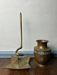 Late 19th-century Japanese Meiji Period Champleve Bronze Vase & Brass Decorative Doorstop (DR)