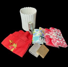 Wicker Basket, Napkins & Assorted Other Items