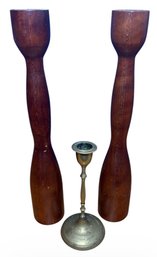 Indian Etched Brass & Wooden Candle Stick Holder 3pc (B)
