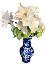 Qing Dynasty Style Blue And White Floral Vase With Faux Flowers