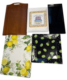 Black Zinnia Olive Design Serving Tray, With Other Assorted Trays And Placemats