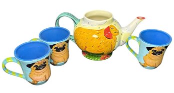 Droll Designs Pug Mugs & Dog Teapot 4pc (K)