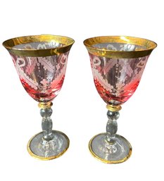 Pink Gold Rimmed Etched Wine Goblet Pair