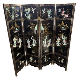 Large Asian Black Lacquered Stone Four Panel Room Divider