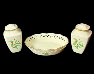 Lenox Holiday Salt & Pepper Shakers And Candy Dish