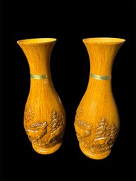 West German Stag & Deer Faux Wood Bud Vase Pair