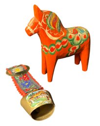 Swedish Folk Art Wooden Horse & Swiss Cow Bell
