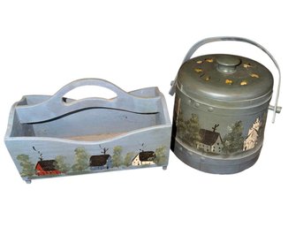 Linda Marie Talbot The Flower Patch Hand Painted Wooden Firkin Bucket & Handled Box (F)