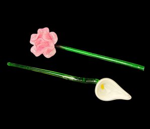 Art Glass Flowers On Stem Pair
