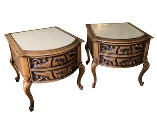 Ornate French Wooden Stone Top End Table Pair