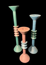 Filipino Colorful Wooden Candlestick Holder Trio