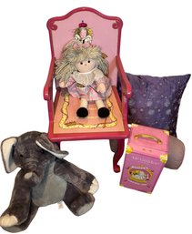 Eloise Childs Chair & Tea Party Set, Cloth Rag Doll, Plush Elephant, And Throw Pillows