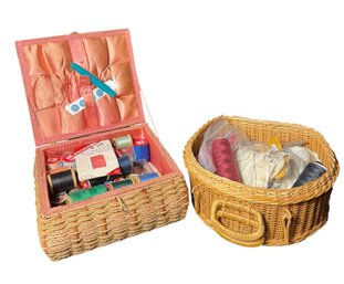 Two Wicker Baskets Full Of Assorted Sewing Supplies