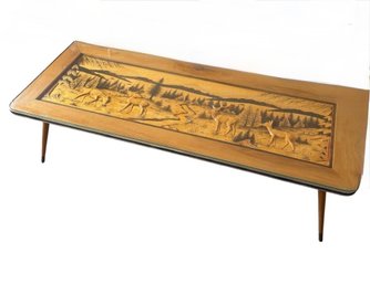 Large German Hand Carved Wooden Stag & Doe Forest Scene Coffee Table (LR)