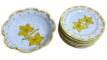 Italian Hand-painted Floral Serving Bowl & Plates 8pc (K)