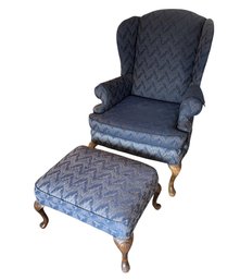 Blue Upholstered Wingback Chair & Matching Ottoman (LR)