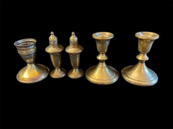 Sterling Silver Series Of 3 Candlestick Holders & Salt And Pepper Shaker (DR)