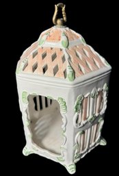 Italian White Ceramic Hexagonal Bird Cage Pendant Light