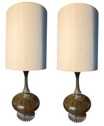 MCM Hollywood Regency Style Amber Ribbed Glass Table Lamp Pair Works! (LR)
