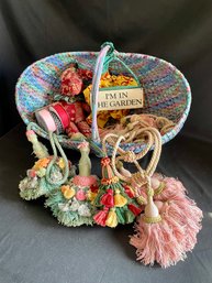 Basket, Tie Backs, Stuff Animal, Sign, Ribbon