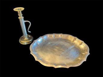 Two Tone Brass & Pewter Finish Candlestick & Silver Tone Tray (DR)