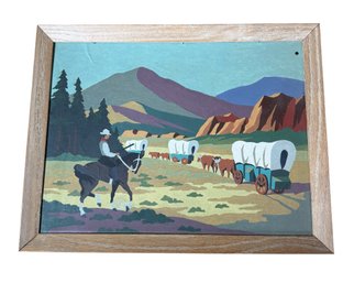 MCM Western Wagon Train Framed Painting (LR)