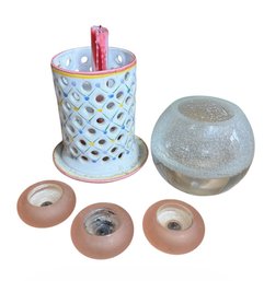 R.C. & Cal Portuguese Candleholder, Paperweight & Pink Votive Holders (LR)