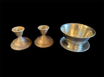 Stainless Steel Gravy Bowl & Set Of International Sterling Candle Holders (DR)