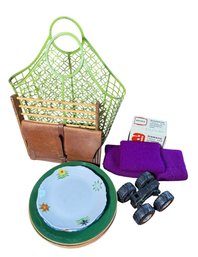 Green Vintage Plastic Tote, Terracotta Plates & Assorted Decor (LR)