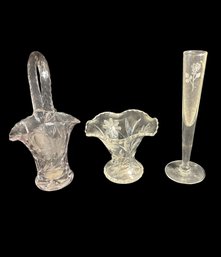 Clear Glass Etched Vases 3pc