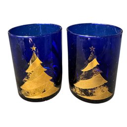 Culver Cobalt Gilded Christmas Tree Lowball Glass Cups