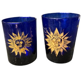 Culver Cobalt Gilded Astrological Sun Lowball Glass Cups